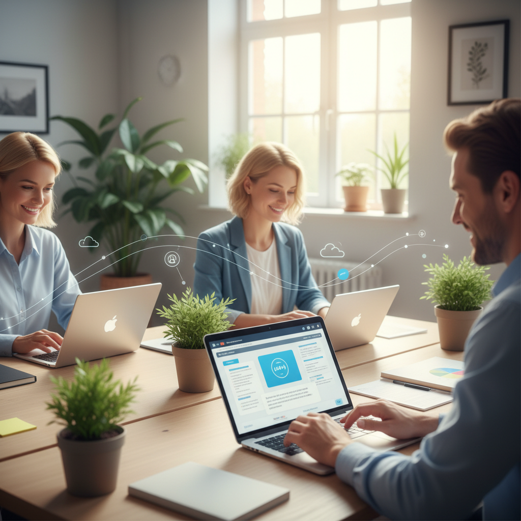 Harmonische Integration von Menschen und Technologie im modernen Arbeitsalltag. Eine Gruppe diverser Mitarbeiter (verschiedene Altersgruppen, Geschlechter und Ethnien) arbeitet in einem hellen, offenen Büro. Sie nutzen intuitiv digitale Tools wie Touchscreens, Augmented Reality Brillen für Kollaboration und intelligente Assistenten, die ihnen bei der Organisation und Analyse helfen. Die Technologie ist dezent und unterstützend dargestellt, nicht dominant. Der Fokus liegt auf der Erleichterung der Arbeit und der Förderung von Zusammenarbeit. Die Menschen wirken entspannt, engagiert und lächeln. Warme Lichteffekte und eine moderne, aber menschliche Ästhetik dominieren das Bild.