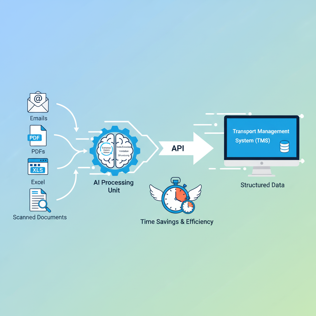 A workflow diagram illustrating AI-powered order entry for logistics. On the left, icons for various input channels (emails, PDFs, Excel, scanned documents) feed into a central AI processing unit (depicted as a stylized brain or gear). Arrows show data extraction, validation, and structuring. On the right, structured data flows via an API into a Transport Management System (TMS), represented by a computer screen or database icon. The overall design emphasizes a seamless, fast, and efficient integration process, highlighting time savings. Clean, modern aesthetic with a bright color palette.