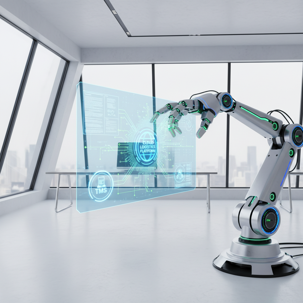 A futuristic robotic arm interacting with a holographic interface, scanning digital documents and inputting data into a cloud-based logistics platform. In the background, flowing data streams connect various logistics system icons (TMS, ERP). The scene is bright, modern, and technology-focused, emphasizing seamless integration and automation. Use a clean, minimalist design with blue and green accents.
