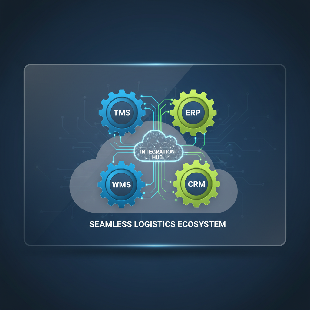 A detailed infographic illustrating the seamless integration of various logistics systems: TMS, ERP, WMS, and CRM. They are depicted as interconnected gears or nodes, with glowing lines representing data flow between them. A central cloud platform acts as the integration hub. The design is technical, clean, and visually appealing, using a palette of blues, greens, and grays to convey connectivity and efficiency.