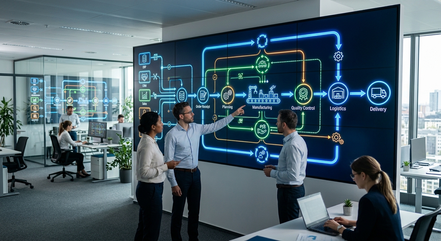 KI-gestütztes System visualisiert Geschäftsprozesse in einem mittelständischen Unternehmen. Datenflüsse und automatisierte Aufgaben sind klar erkennbar. Das Bild symbolisiert Effizienz und Vernetzung. Moderner, sauberer Stil, Fokus auf Technologie und Business.