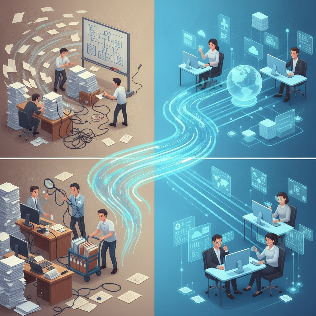 A visual metaphor showing a transformation from a messy, manual office process (represented by stacks of paper, tangled wires, and confused people) to a clean, efficient digital workflow (represented by smooth data lines, interconnected icons, and focused, productive people). The left side is chaotic and analog, the right side is streamlined and digital. Use a modern, clean illustration style with a subtle hint of technology and AI integration.