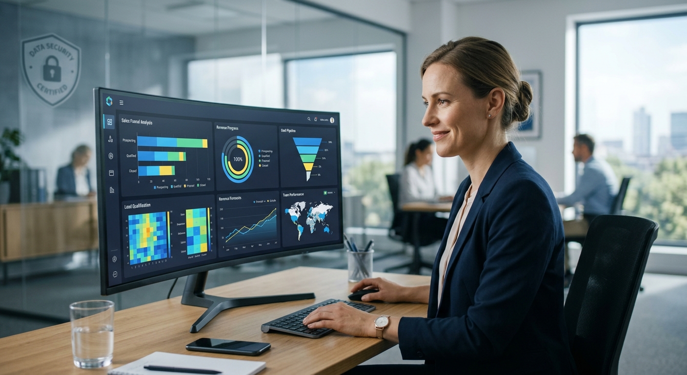 A clean, modern AI-powered dashboard displaying real-time sales insights for lead qualification, offer status, and revenue forecasts. The dashboard features various charts, graphs, and clear KPIs. In the foreground, a sales professional is looking at the screen, appearing relaxed and focused, with a subtle smile reflecting efficiency and success. The overall aesthetic is professional, with a touch of German precision and data security.