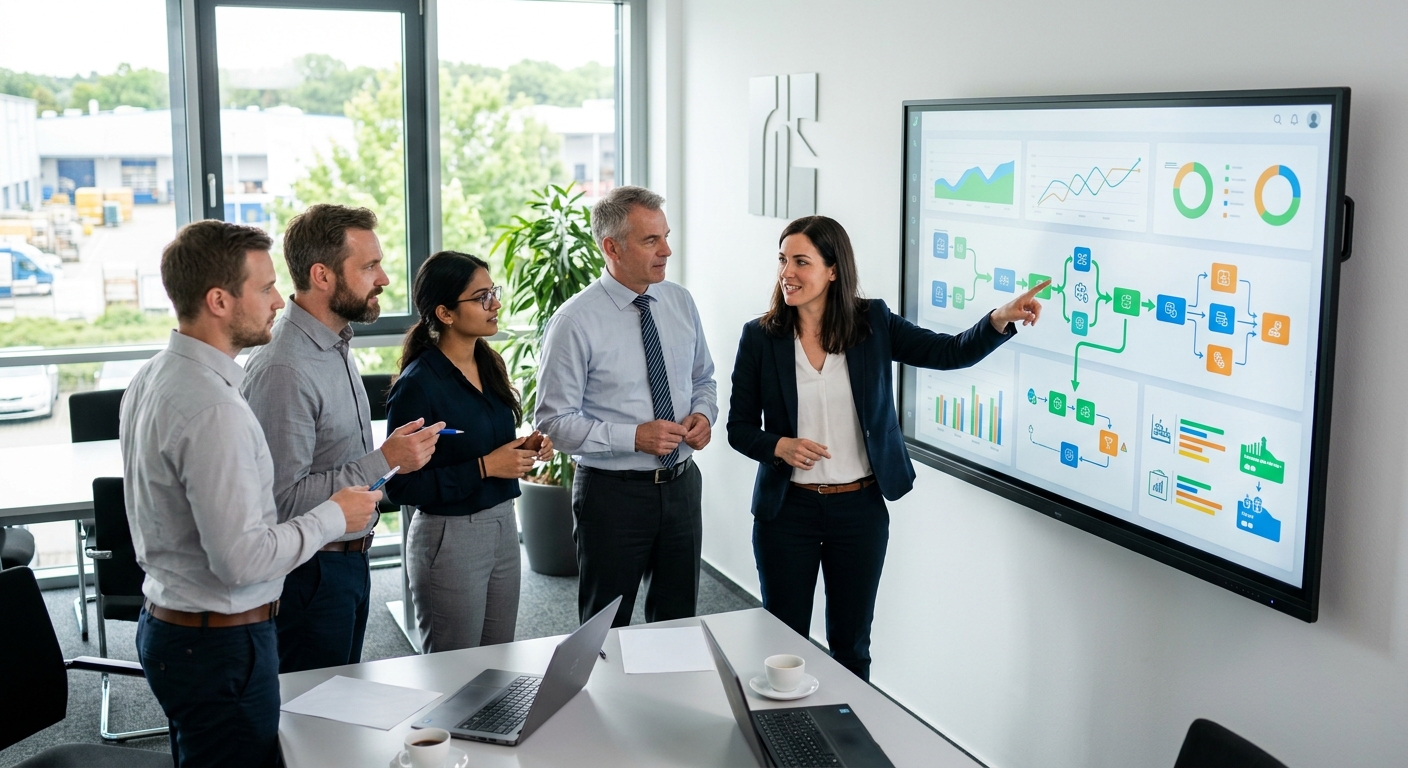 A diverse group of business professionals from a German mittelstand company (logistics, manufacturing, or trade) are collaborating around a large screen displaying a modern, clean dashboard with AI-generated insights and process flows. The setting is a bright, modern office. The people are engaged, pointing at the screen, and discussing. The overall impression is one of efficiency, innovation, and strategic decision-making through technology. The style is professional and slightly optimistic, not overly futuristic. Focus on the human interaction with the technology. The dashboard should show clear, understandable metrics and perhaps some automated workflow steps.