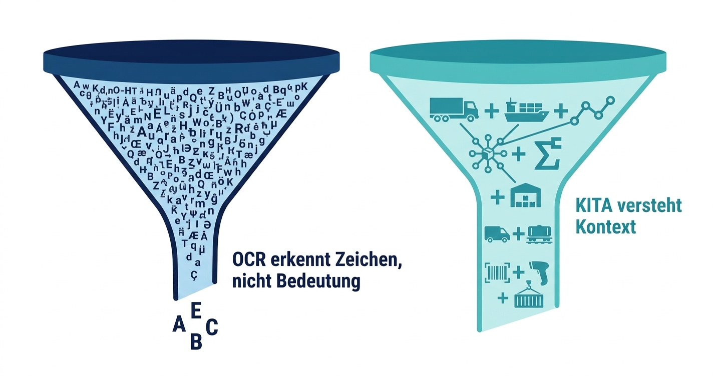 Schematische Gegenüberstellung: links ein Dokument mit OCR-Scan-Raster (nur Zeichen erkannt), rechts dasselbe Dokument mit semantisch markierten Feldern (Bedeutung erkannt), Navy/Hellblau