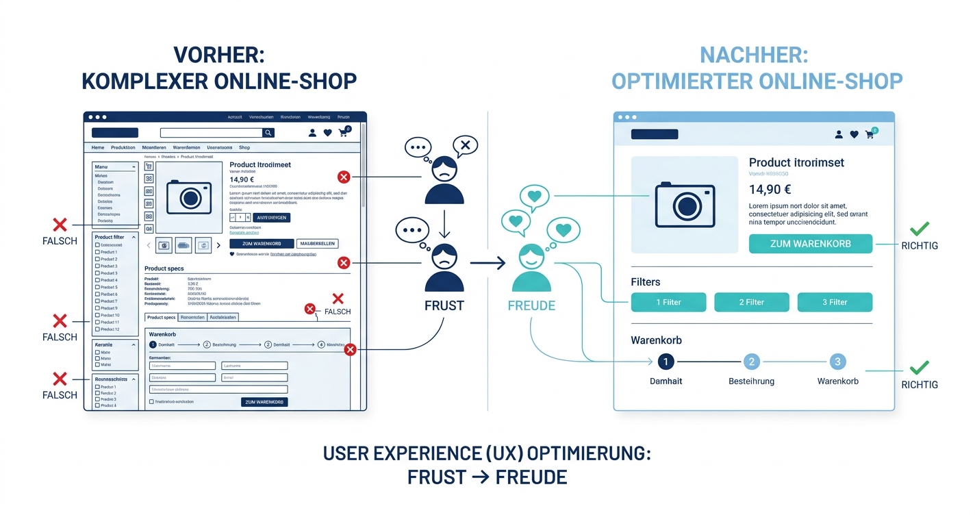 Schematische Illustration eines Nutzerflusses in einem B2B-Portal mit einem markierten Abbruchpunkt, daneben derselbe Fluss ohne Abbruch, minimalistisch, Navy/Hellblau