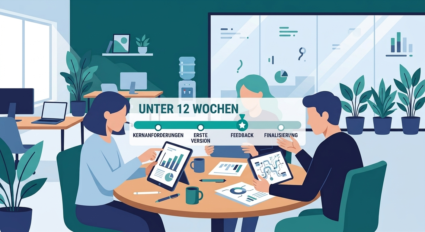Schematische Zeitleisten-Illustration: '12 Wochen' markiert mit Meilensteinen (Anforderungen, erste Version, Feedback, Finalisierung), Navy/Hellblau, minimalistisch