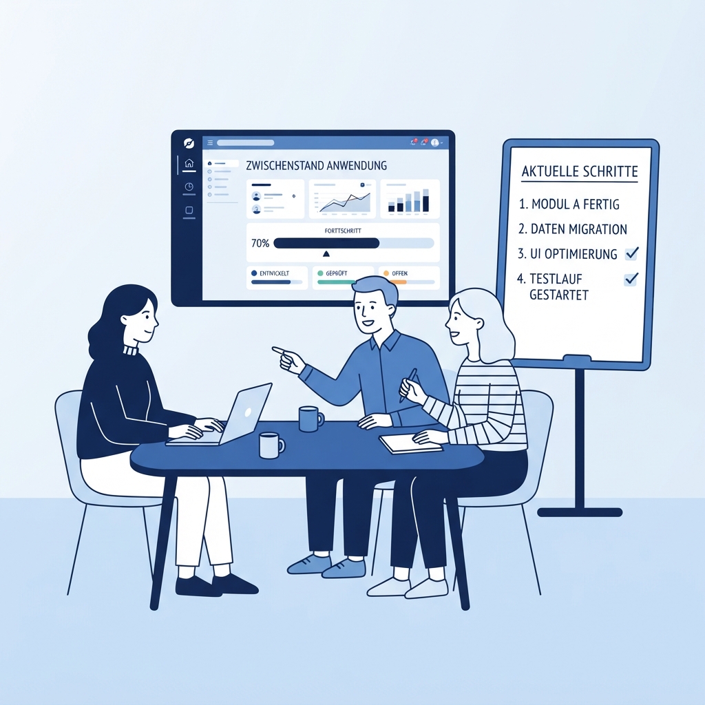 Flache Illustration: drei Personen an einem Tisch vor einem Bildschirm mit einem Zwischenstand einer Anwendung, daneben eine Notizliste, Navy/Hellblau, minimalistisch