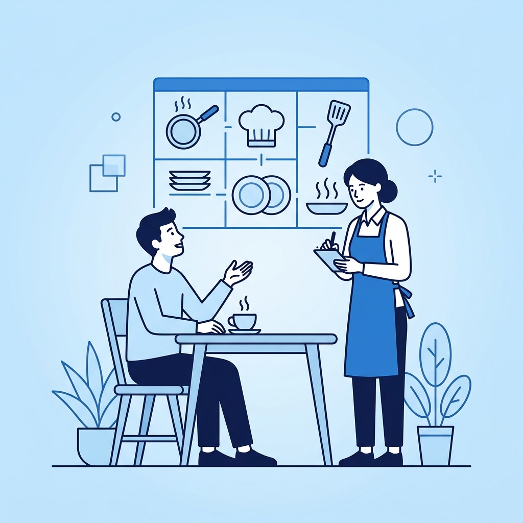 Flache Illustration: ein Gast am Tisch gibt eine Bestellung bei einer Bedienung auf, dahinter eine Küche als Systemkasten, Navy/Hellblau, minimalistisch