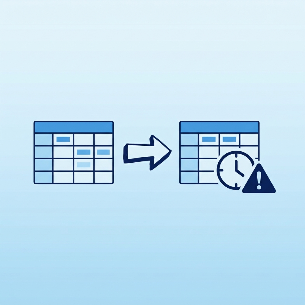 Flache Illustration: zwei Tabellenblätter mit einem handgezeichneten Pfeil dazwischen, daneben eine Uhr und ein Fehlersymbol, Navy/Hellblau, minimalistisch