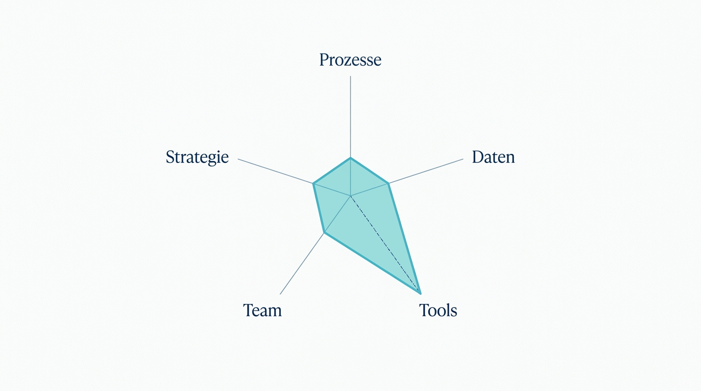 Schematische Illustration eines Spinnennetz-Diagramms (Radar-Chart) mit 5 Achsen und unterschiedlich hohen Werten je Dimension, Navy/Hellblau
